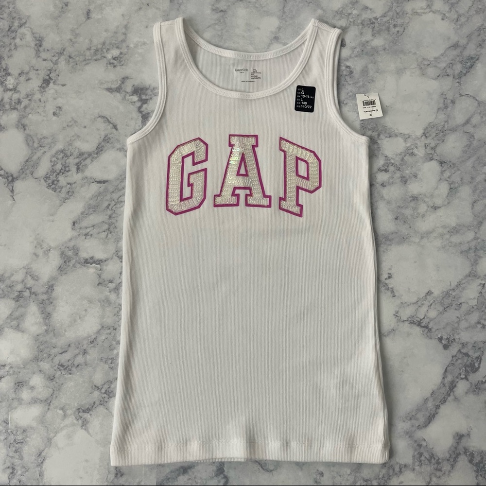 GAP Kids Junior Girls White Purple Logo Sequence Glitter Tank Top Shirt Large
